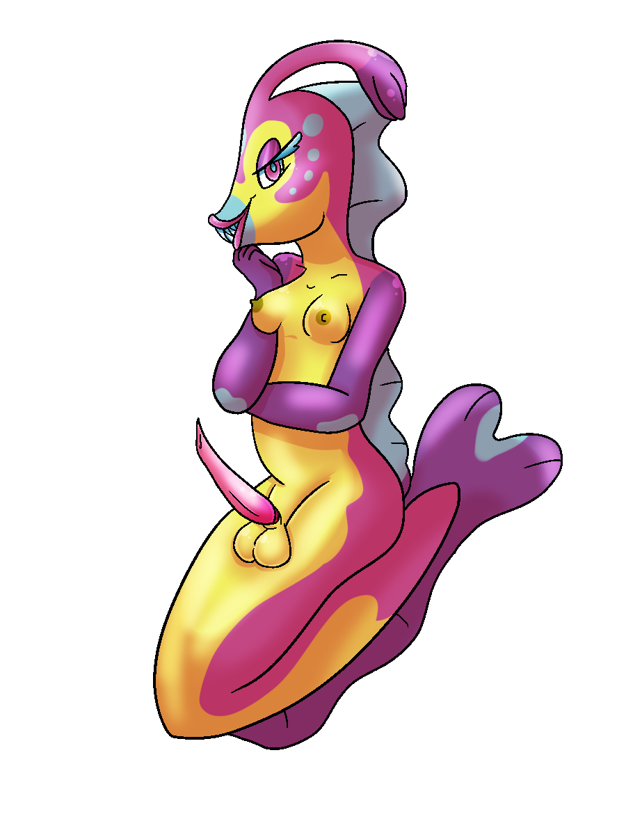 2016 alpha_channel anthro anthrofied areola balls blue_skin breasts bruxish dickgirl erection fin fish green_nipples half-closed_eyes intersex looking_at_viewer marine multicolored_skin nintendo nipples nude penis pink_skin pok&eacute;mon pok&eacute;morph purple_eyes purple_skin sharp_teeth simple_background smile solo teeth transparent_background video_games yellow_skin yoshimister_(artist)