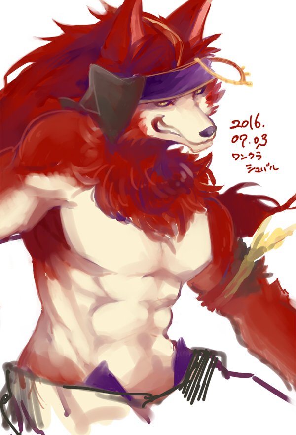 2016 5akr anthro bare_chest canine clothing cream_fur fur grin headband japanese looking_at_viewer male mammal multicolored_fur muscular red_fur solo two_tone_fur video_games wander_crown yellow_eyes シュバル