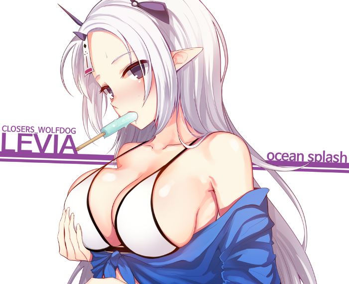 bad_id bad_pixiv_id bikini bikini_top blue_shirt blush breast_hold breasts character_name closers collarbone copyright_name dripping eyelashes food food_in_mouth front-tie_top horns large_breasts levia_(closers) long_hair looking_at_viewer mouth_hold no_pupils off_shoulder ofuda pointy_ears popsicle purple_eyes seok shirt sideboob silver_hair solo spaghetti_strap strap_gap swimsuit tied_shirt upper_body white_background white_bikini white_bikini_top