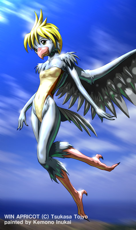 anthro avian beak bird breasts clothing feathers female fur kemono_inukai simple_background solo wings