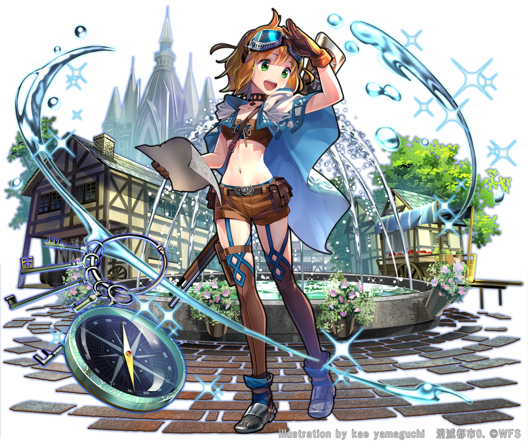 :d artist_name belt blue_cape breasts brick_road brown_gloves brown_shorts building cape castle compass flower fountain full_body gloves goggles goggles_on_head green_eyes gun hand_up kaekae key keyring map medium_hair midriff navel official_art open_mouth outdoors plant potted_plant pouch shading_eyes shoes shorts shoumetsu_toshi small_breasts smile sparkle standing tree water weapon white_background