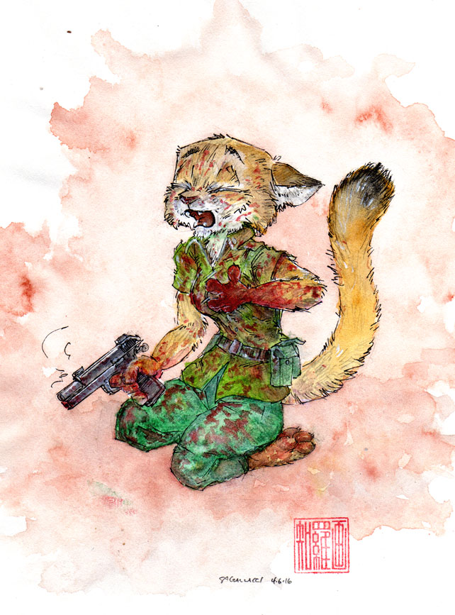 2016 anthro blood breasts cat clothed clothing crying disney eyes_closed feline female gun handgun mammal mother open_mouth parent ranged_weapon simple_background small_breasts solo steve_gallacci story story_in_description tears teeth traditional_media_(artwork) uniform war weapon zootopia