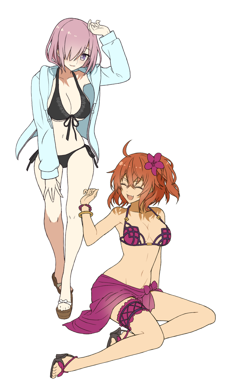 2girls :d ^_^ ahoge alternate_costume arm_support arm_up armpits bikini black_bikini black_ribbon blue_jacket bracelet breasts cleavage closed_eyes collar collarbone cosplay eyebrows_visible_through_hair eyes_closed fang fate/grand_order fate_(series) flower front-tie_bikini front-tie_top fujimaru_ritsuka_(female) full_body groin hair_flower hair_ornament hair_over_one_eye halterneck hand_on_own_thigh heifetz highres jacket jewelry large_breasts leaning_to_the_side long_sleeves mash_kyrielight medium_breasts multiple_girls navel one_side_up open_clothes open_jacket open_mouth orange_hair pink_bikini pink_hair purple_eyes ribbon sandals sarong scathach_(fate)_(all) scathach_(fate/grand_order) scathach_(swimsuit_assassin)_(fate) scathach_(swimsuit_assassin)_(fate)_(cosplay) short_hair side-tie_bikini simple_background sitting smile stamp stomach swimsuit thigh_strap underboob white_background yokozuwari