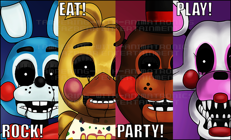 animatronic anthro avian bear bird canine chicken digital_media_(artwork) five_nights_at_freddy's five_nights_at_freddy's_2 fox glowing glowing_eyes lagomorph machine male mammal mangle_(fnaf) oil rabbit robot toy_bonnie_(fnaf) toy_chica_(fnaf) toy_freddy_(fnaf) video_games