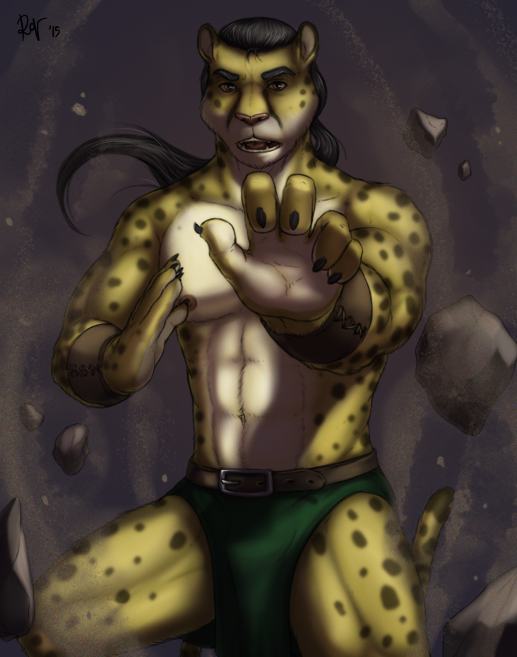 2015 5_fingers abs anthro belt biceps black_hair bracelet brown_fur brown_nose cheetah claws clothed clothing digital_media_(artwork) feline fighting_stance front_view fur hair jewelry kyyanno levitation loincloth long_hair magic magic_user male mammal multicolored_fur muscular muscular_male open_mouth pecs portrait rock rov signature simple_background solo spots teeth three-quarter_portrait topless white_fur yellow_fur