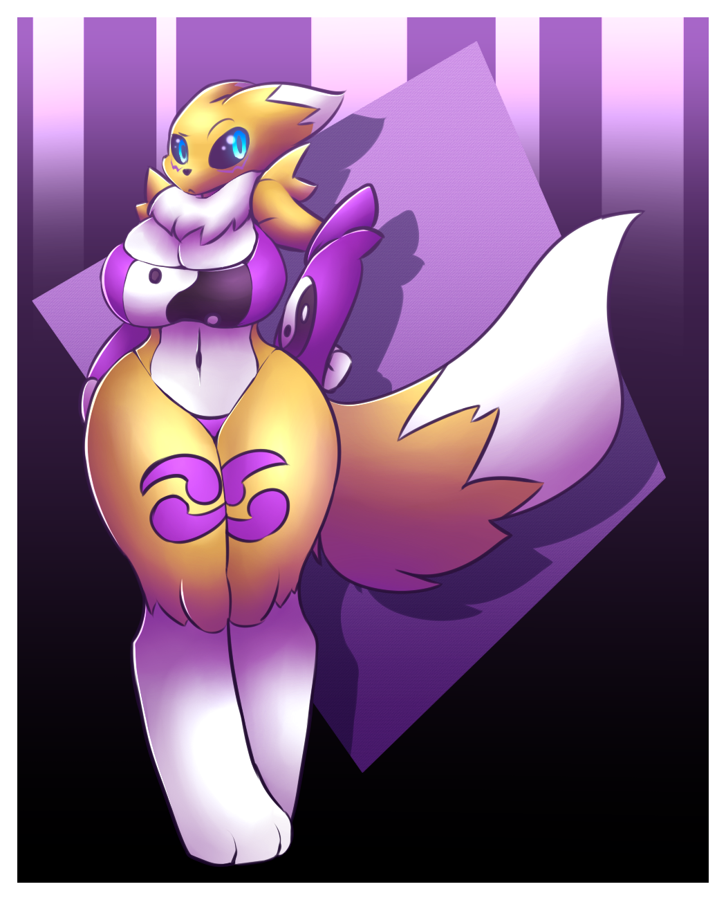 anthro big_breasts blue_eyes breasts bridal_gauntlets canine cleavage clothed clothing digimon female fox hand_on_hip hi_res huge_breasts mammal navel panties purple_markings r-mk renamon solo standing starryuvi thick_thighs tuft underwear voluptuous wide_hips