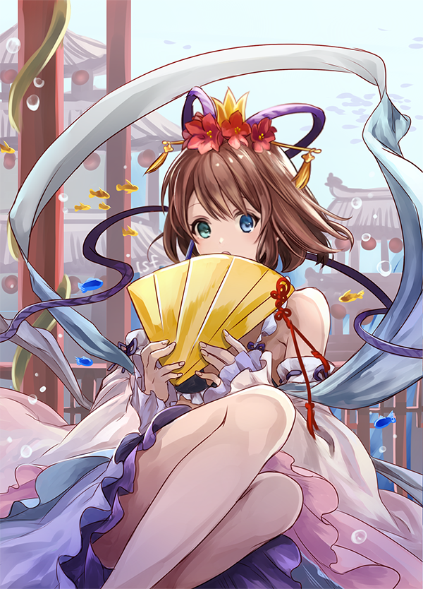1girl architecture bare_shoulders blue_eyes brown_hair bubble detached_sleeves east_asian_architecture fan final_fantasy final_fantasy_x fingernails fish flower folding_fan green_eyes hagoromo hair_flower hair_ornament hair_stick heterochromia holding holding_fan long_sleeves looking_at_viewer open_mouth red_flower ribbon-trimmed_sleeves ribbon_trim sasanomesi shawl short_hair solo wide_sleeves yuna