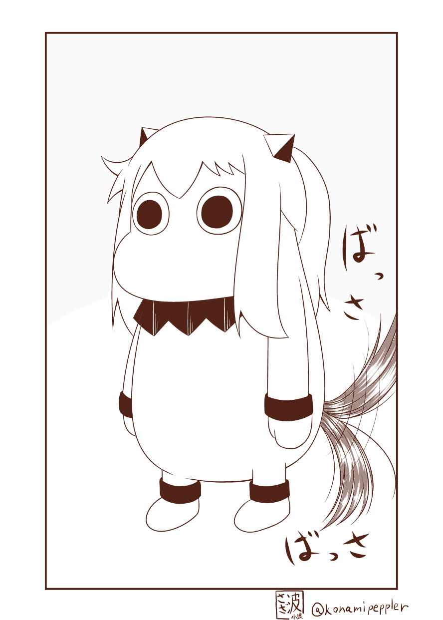 alternate_hairstyle arms_at_sides bangs commentary highres horns horse_tail kantai_collection mittens monochrome moomin muppo northern_ocean_hime ponytail sazanami_konami sidelocks sketch tail tail_wagging too_literal translated twitter_username white_background