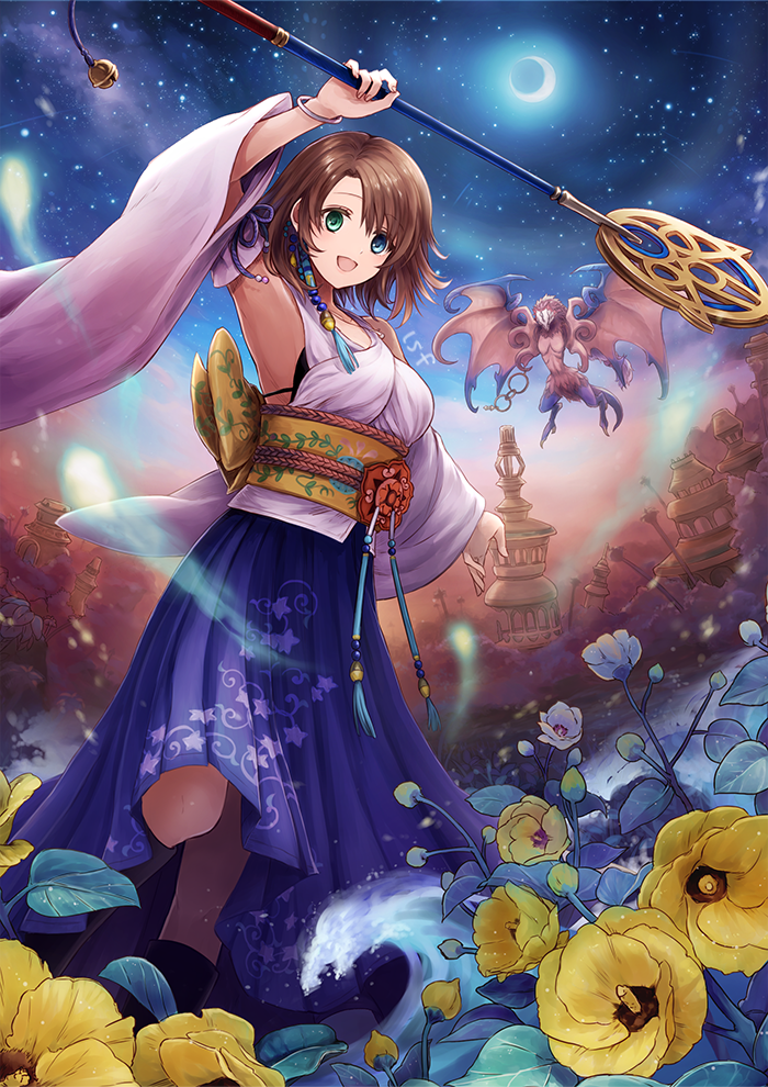 1girl :d arm_up black_footwear blue_eyes boots bracelet breasts brown_hair crescent_moon detached_sleeves eyebrows_visible_through_hair final_fantasy final_fantasy_x flower green_eyes hakama hakama_skirt heterochromia holding holding_staff japanese_clothes jewelry leaf long_sleeves looking_at_viewer medium_breasts moon obi open_mouth purple_hakama sasanomesi sash short_hair sky smile spirit staff star_(sky) starry_sky valefor white_flower wide_sleeves yellow_flower yuna
