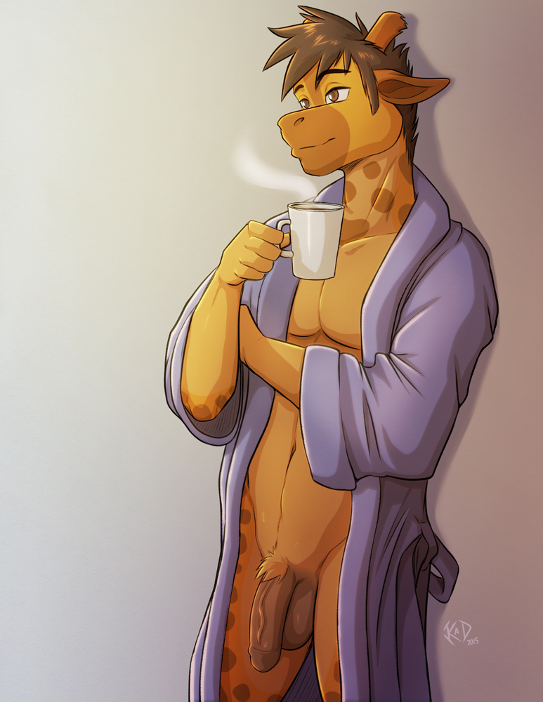 2015 anthro balls bathrobe beverage brown_eyes brown_hair casual clothing coffee flaccid fur giraffe hair kadath male mammal mostly_nude nude patrick_(kadath) pecs penis pinup pose robe solo spots uncut