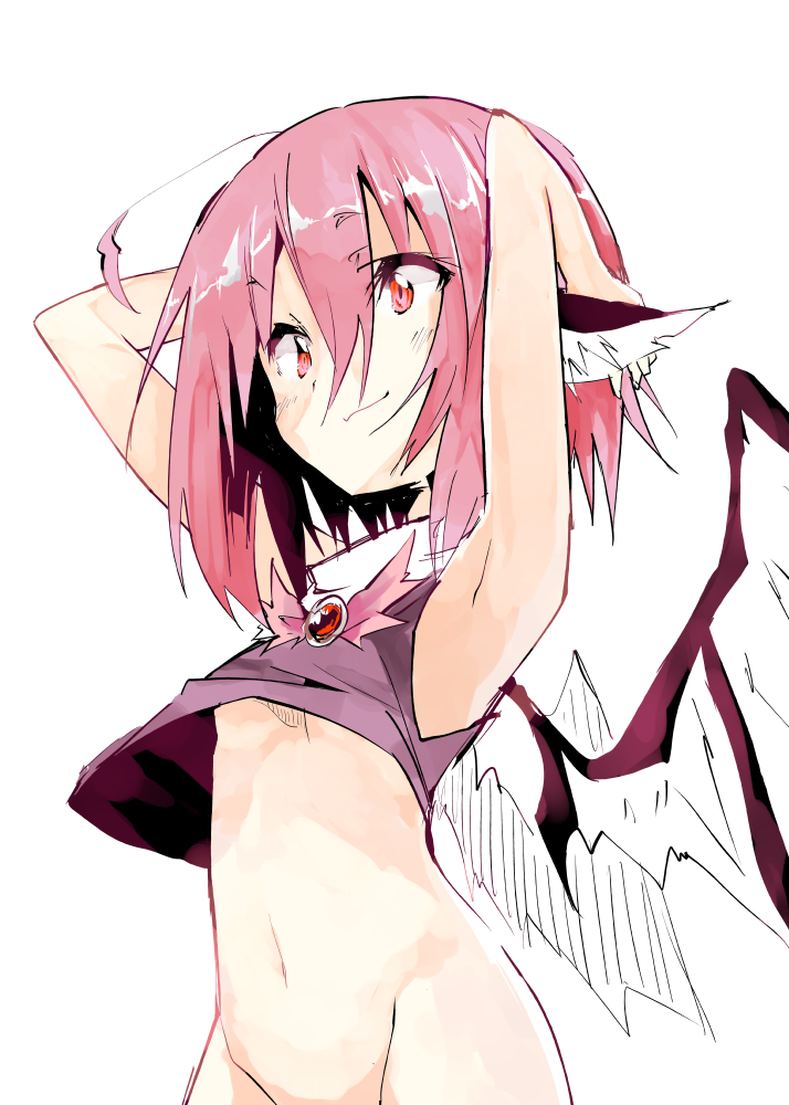 adapted_costume ahoge animal_ears armpits arms_behind_head arms_up bird_wings blush feathered_wings from_below kuroneko_no_toorimichi looking_away mystia_lorelei navel no_panties out-of-frame_censoring pink_eyes pink_hair shirt short_hair simple_background sketch sleeveless smile solo touhou upper_body white_background wings