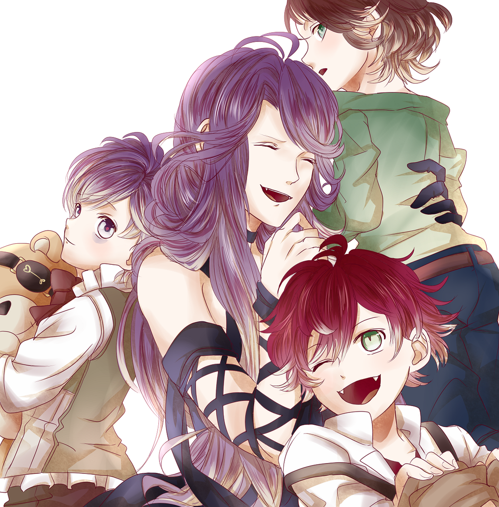 1girl 3boys age_difference bags_under_eyes belt blush brown_hair carrying child choker closed_mouth cordelia_(diabolik_lovers) diabolik_lovers dress elbow_gloves eyepatch eyes_closed family fangs gloves hug knees_up long_hair looking_at_another looking_at_viewer mayu_syulv mother_and_son one_eye_closed open_mouth profile purple_eyes purple_hair red_hair sakamaki_ayato sakamaki_kanato sakamaki_laito simple_background sitting smile stuffed_animal suspenders teddy_(diabolik_lovers) teddy_bear upper_body vampire white_background younger