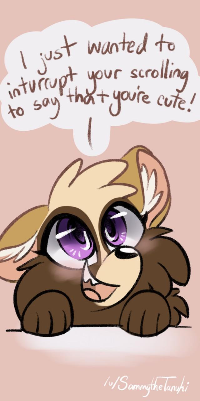 ambiguous_gender breaking_the_fourth_wall brown_fur dialogue english_text fur mammal meme nude open_mouth procyonid purple_eyes raccoon sammythetanuki smile solo speech_bubble talking_to_viewer text