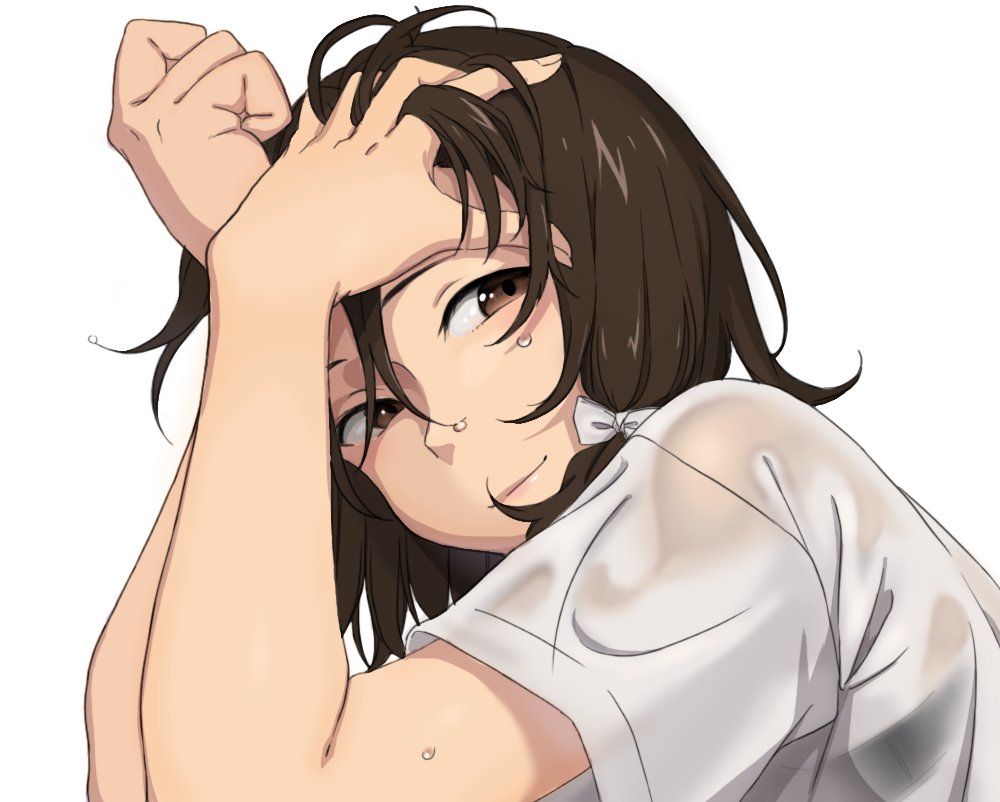 brown_eyes brown_hair closed_mouth face looking_to_the_side no_hat no_headwear portrait shirt short_hair short_sleeves simple_background smile solo touhou toujou_(toujou_ramen) usami_renko wet wet_clothes wet_hair wet_shirt white_background