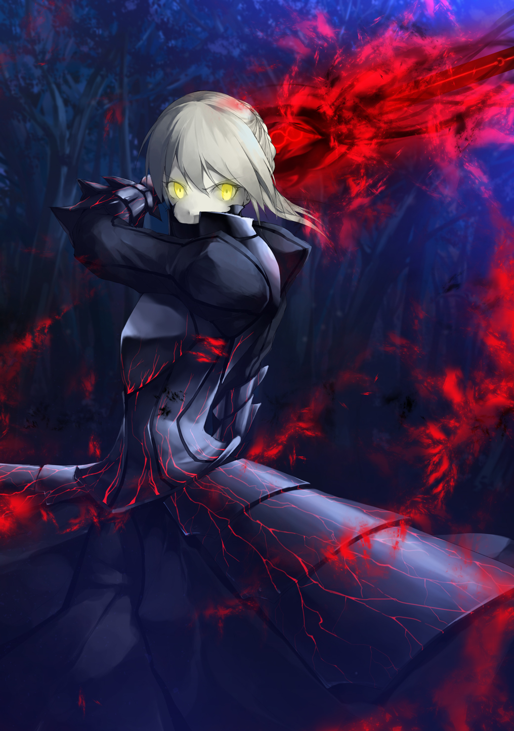 armor artoria_pendragon_(all) blonde_hair dark_excalibur fate/stay_night fate_(series) glowing glowing_eyes highres pale_skin revision saber_alter short_hair solo solru tree yellow_eyes