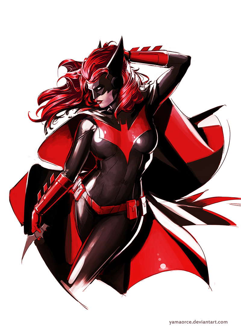 1girl bat_symbol batarang batwoman belt bodysuit cape dc_comics gauntlets kate_kane lipstick mask red_gloves red_hair solo