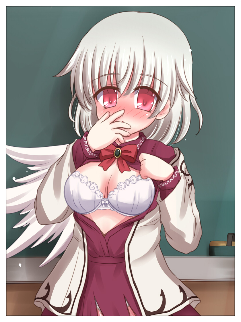 blush bra breasts cleavage hand_over_face jacket kishin_sagume medium_breasts open_clothes open_shirt purple_skirt red_eyes ry shirt single_wing skirt solo touhou underwear white_bra white_hair wings