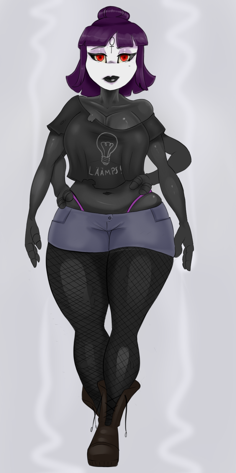 anthro arthropod big_breasts big_thighs blackbetty boots breasts clothed clothing female footwear goth hair hi_res insect lepidopteran looking_at_viewer makeup moth multilimbs pentyhose red_eyes simple_background