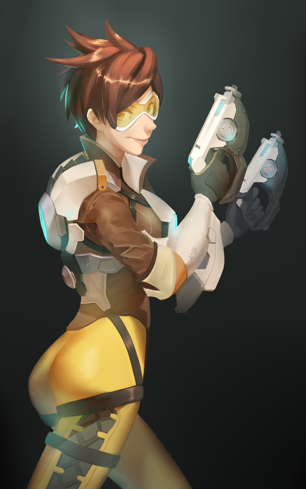 ass bad_id bad_pixiv_id bangs bodysuit bomber_jacket breasts brown_eyes brown_gloves brown_hair brown_jacket closed_mouth cowboy_shot cross-laced_clothes cross-laced_legwear dual_wielding from_side fur_trim gloves goggles gun handgun hands_up harness highres holding holding_gun holding_weapon jacket leather leather_jacket lips medium_breasts nezumi_(tuboshu2013) orange_bodysuit overwatch pants pistol short_hair short_sleeves sleeves_rolled_up solo spiked_hair swept_bangs thigh_strap thighs tight tight_pants tracer_(overwatch) vambraces weapon