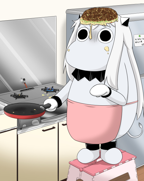 apron comic commentary cooking food food_on_face food_on_head frying_pan full_body horns jewelry kantai_collection kitchen long_hair mittens moomin muppo northern_ocean_hime object_on_head okonomiyaki refrigerator revision sazanami_konami shinkaisei-kan standing standing_on_object step stool stove translated