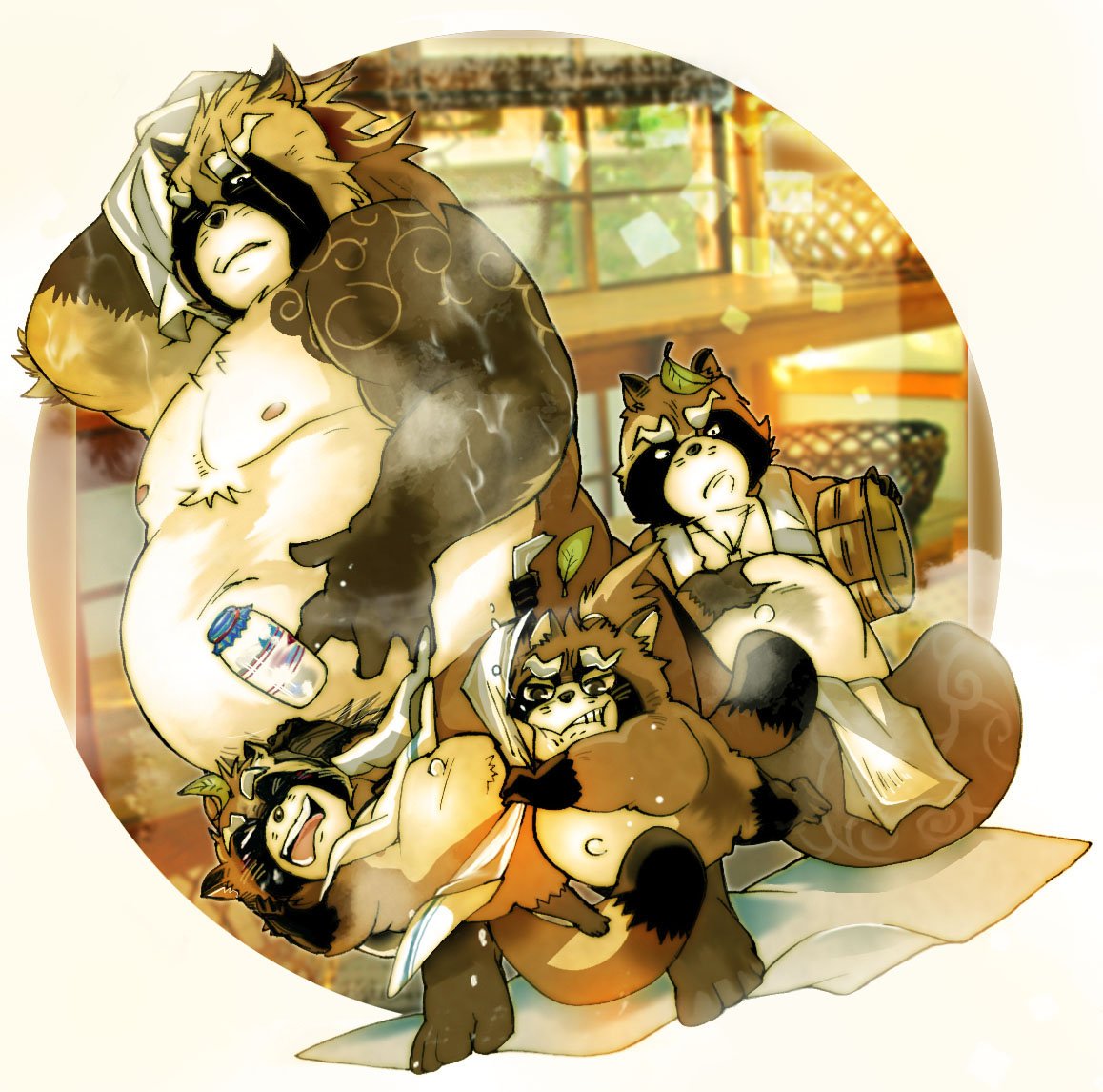 2018 2929dan anthro bathing belly brown_fur canine eyes_closed fur group gyobu humanoid_hands leaf male mammal moobs navel nipples overweight overweight_male scar tanuki tattoo tokyo_afterschool_summoners towel wet young