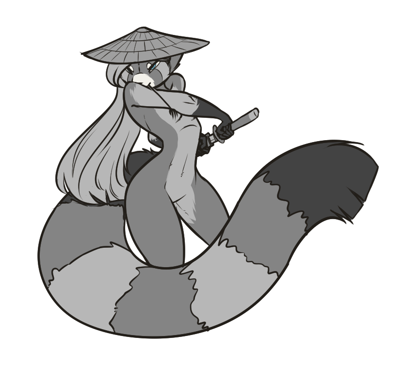 alpha_channel blue_eyes breasts female feretta feretta_(character) greyscale hat katana mammal melee_weapon monochrome nude red_panda simple_background solo straw straw_hat sword transparent_background weapon