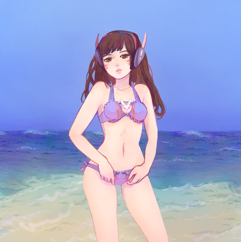 beach brown_eyes brown_hair bunny cowboy_shot d.va_(overwatch) day hips long_hair navel outdoors overwatch shore solo svveet swimsuit thighs water whisker_markings