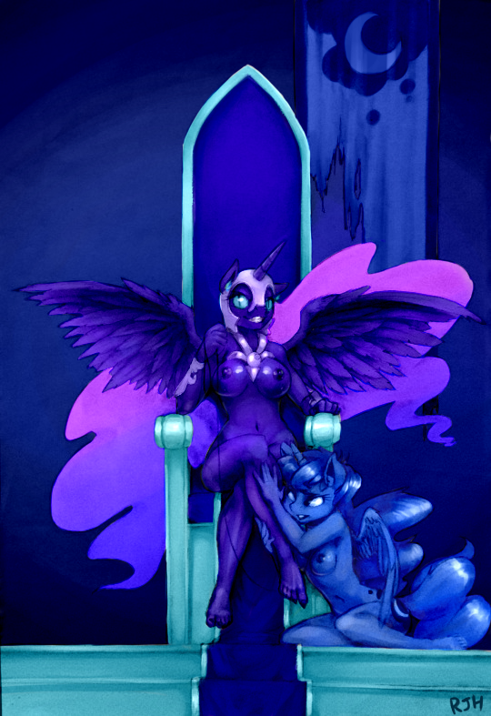 2016 anthro anthrofied armor barefoot breasts chair cutie_mark duo equine feathered_wings feathers female friendship_is_magic hair helmet horn humanoid_feet long_hair looking_at_viewer mammal my_little_pony navel nightmare_moon_(mlp) nipples nude plantigrade princess_luna_(mlp) rockyhardwood sitting spread_wings square_crossover throne winged_unicorn wings