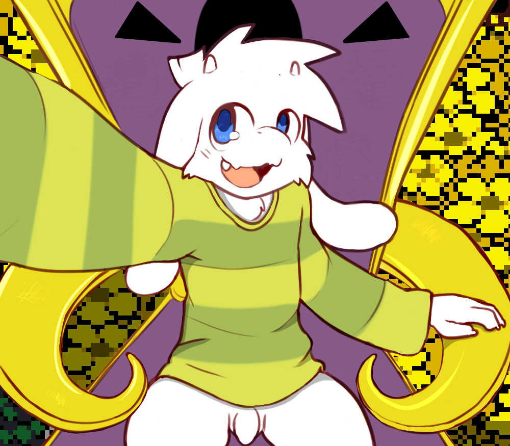 anthro asriel_dreemurr blush bottomless caprine chair clothed clothing colored cub cute_fangs edit flaccid goat high-angle_view line_art looking_up male mammal penis selfie sitting smile solo throne undertale video_games whiteleo young