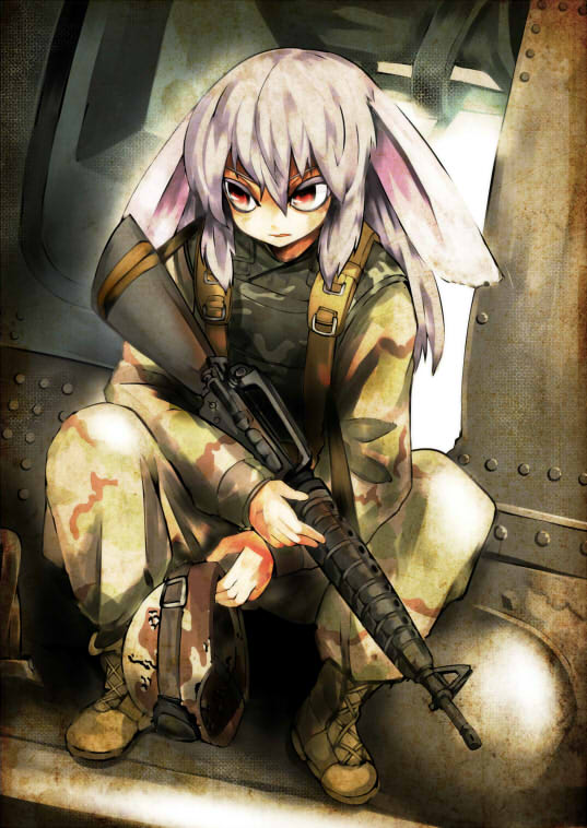 alternate_costume animal_ears assault_rifle black_hawk_down boots bunny_ears camouflage cross-laced_footwear derivative_work desert_pattern dutch_angle full_body gun headwear_removed helmet helmet_removed lace-up_boots lavender_hair long_hair long_sleeves m16a2 military military_uniform pants red_eyes reisen_udongein_inaba rifle sitting solo three-color_desert_(camo) touhou tri-color_desert uniform weapon woodland_pattern yutori_(inu-hito)
