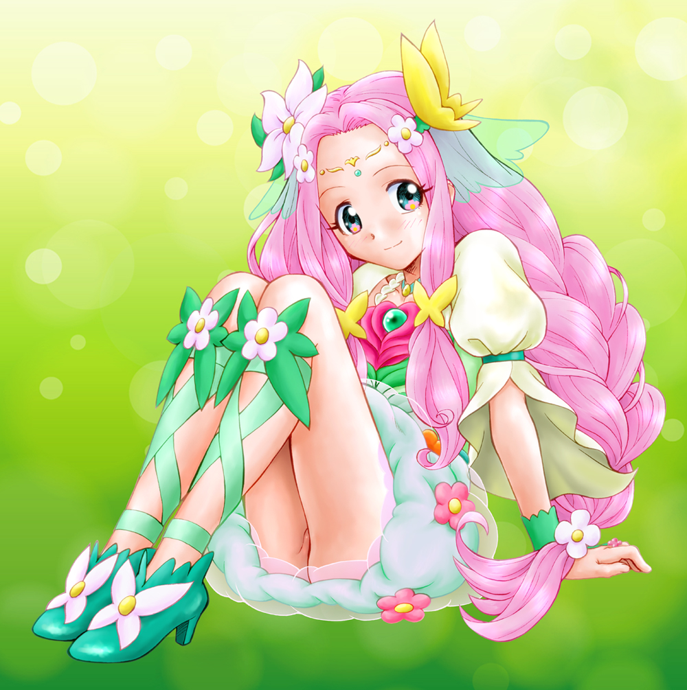 blue_eyes braid cure_felice flower flower_in_eye full_body gradient gradient_background green_background green_footwear green_ribbon hair_flower hair_ornament hanami_kotoha leg_ribbon light_particles long_hair looking_at_viewer magical_girl mahou_girls_precure! multicolored multicolored_eyes no_panties pink_eyes pink_hair precure ribbon shoes sitting skirt smile solo symbol_in_eye twin_braids unno_hotaru wrist_cuffs yellow_background