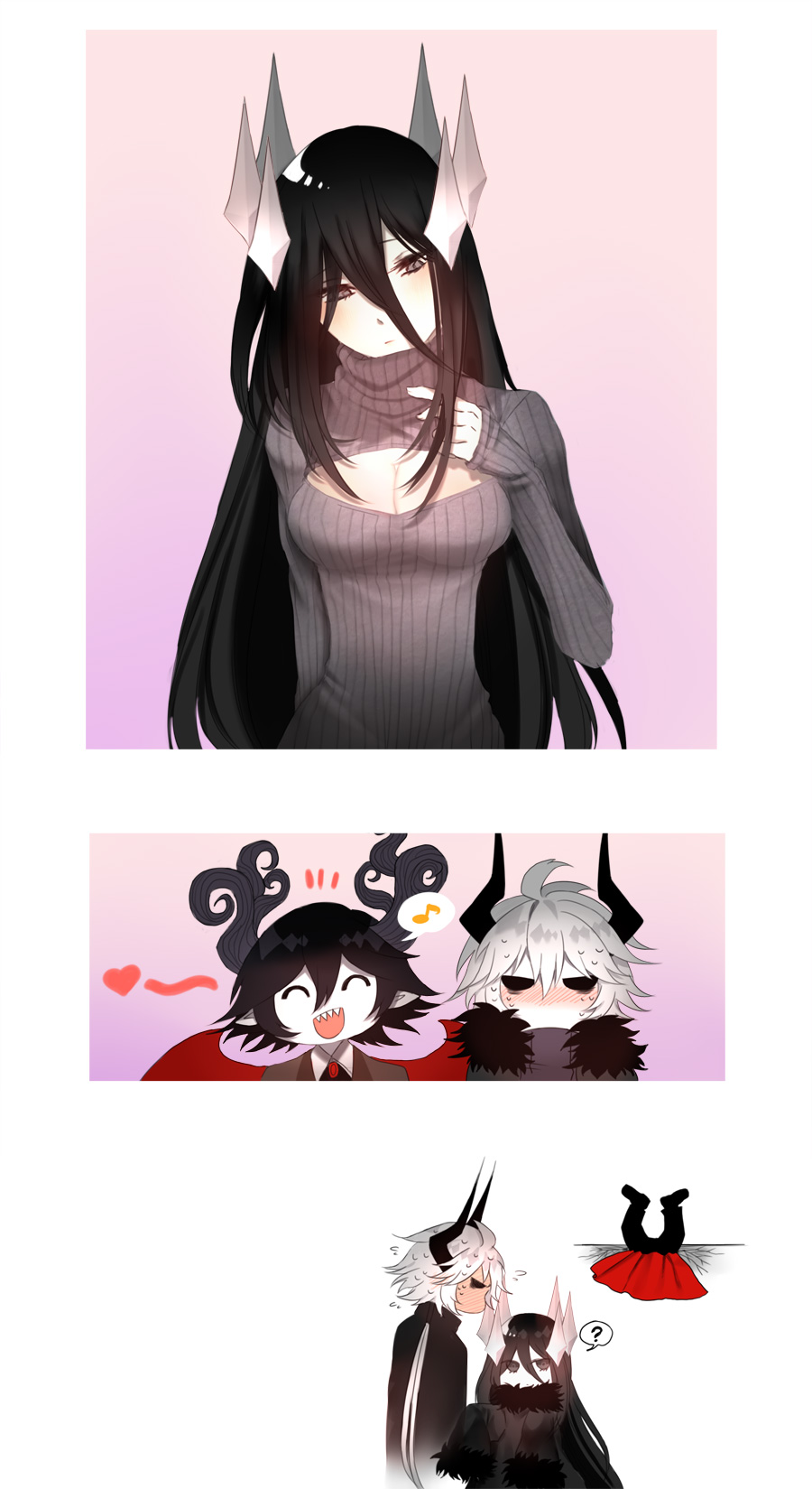 /\/\/\ 1girl 2boys 3koma :/ :d ? ^_^ ahoge arukiyuusei black_eyes black_hair blush breasts character_request cleavage cleavage_cutout closed_eyes closed_mouth comic demon_horns demon_wings eighth_note etihw eyes_closed flying_sweatdrops full-face_blush grey_sweater haiiro_teien hair_between_eyes heart highres horns kcalb large_breasts long_hair meme_attire multiple_boys musical_note nose_blush open-chest_sweater open_mouth profile ribbed_sweater sharp_teeth smile spoken_musical_note spoken_question_mark sweater teeth turtleneck turtleneck_sweater very_long_hair white_hair white_skin wings