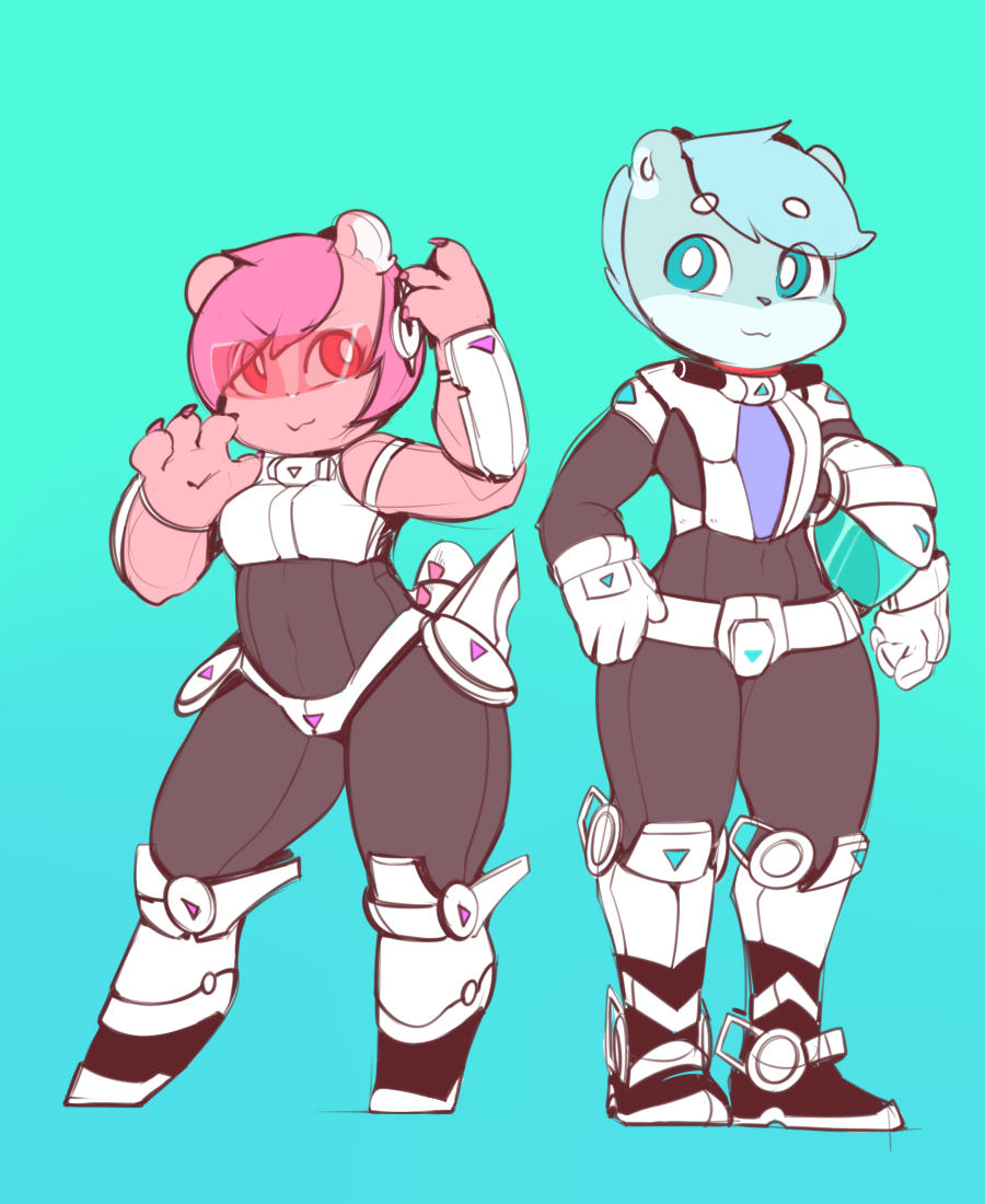 berseepon09 blue_eyes blue_fur blue_hair cervine cute deer dragon duo eyewear female fur goggles hair horn loli_dragon_(character) male mammal mechsuit pink_eyes pink_hair pink_skin shota_deer_(character) suit