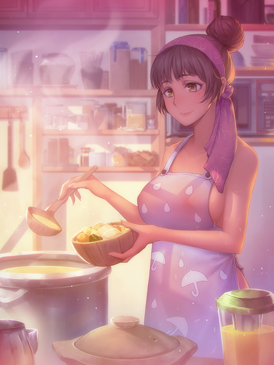 apron bangs blender bowl breasts brown_eyes brown_hair cooking dishes food hachifuku hair_bun hairband head_scarf highres holding holding_bowl housewife indoors jar kitchen ladle large_breasts light_particles light_smile long_sleeves microwave mole mole_under_eye nabe naked_apron original pot print_apron purple_hairband raindrop_print ribbed_sweater shelf short_hair smile solo spatula sunlight sweater