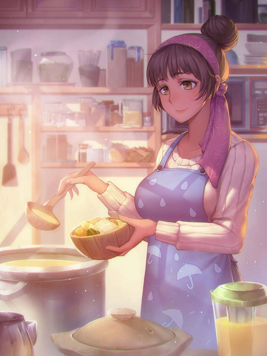 apron bangs blender bowl breasts brown_eyes brown_hair chromatic_aberration cooking dishes food hachifuku hair_bun hairband head_scarf highres holding holding_bowl housewife indoors jar kitchen ladle large_breasts light_particles light_smile long_sleeves microwave mole mole_under_eye nabe original pot print_apron purple_hairband raindrop_print ribbed_sweater shelf short_hair smile solo spatula sunlight sweater