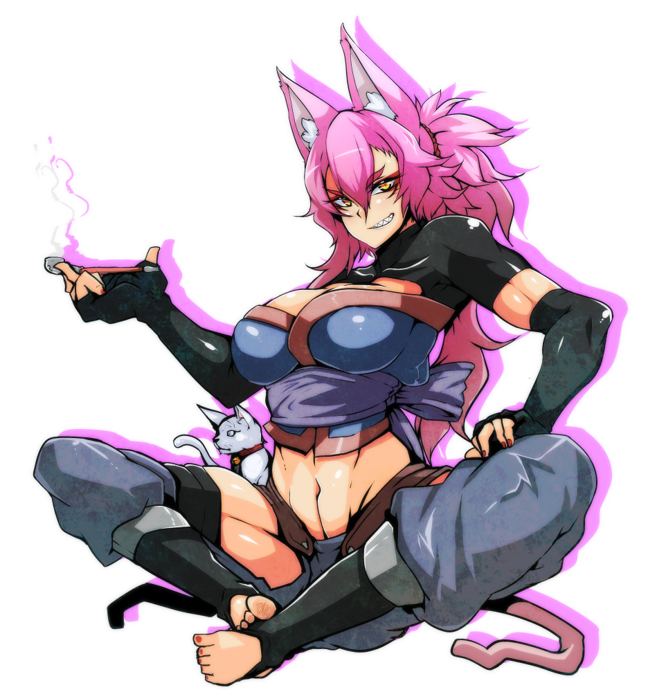 &gt;:) animal_ears bell bell_collar black_gloves breasts cat cat_ears cat_girl cat_tail cleavage collar commentary_request fingerless_gloves full_body gloves grin groin hip_vent holding holding_pipe indian_style jingle_bell kamen_no_hito kiseru long_hair looking_at_viewer medium_breasts midriff muscle nail_polish navel original pink_hair pipe red_nails sash sitting smile smoke solo tail tsurime undershirt v-shaped_eyebrows yellow_eyes