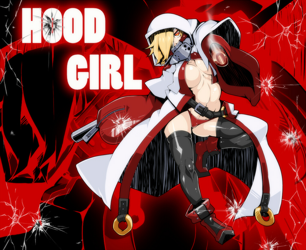 belt black_legwear blonde_hair breasts bullet_hole character_name commentary_request covered_mouth foreshortening full_body gun hood hooded_jacket jacket kamen_no_hito large_breasts looking_at_viewer navel no_bra open_clothes open_jacket original panties pointing pointing_at_viewer red_eyes red_panties short_hair smoke smoking_gun solo thighhighs underwear weapon white_hood zipper