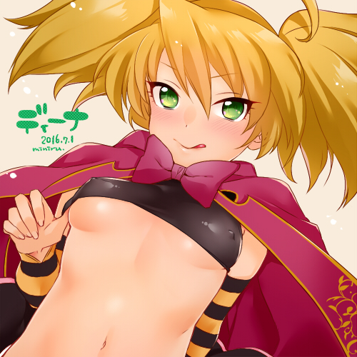 :q arm_warmers artist_name blonde_hair breasts cape character_name covered_nipples crop_top dated dina_(sennen_sensou_aigis) dutch_angle green_eyes lowres miniru navel sennen_sensou_aigis small_breasts solo tongue tongue_out twintails underboob upper_body v-shaped_eyebrows
