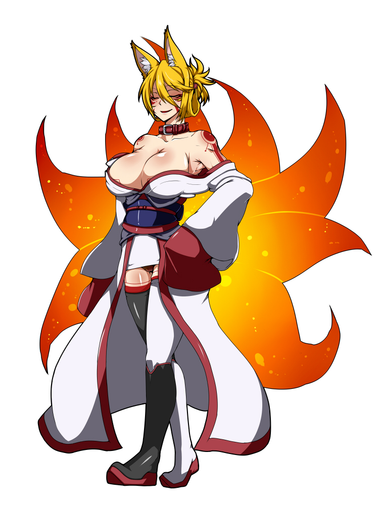 animal_ears armpits bare_shoulders blonde_hair breasts cleavage closed_eyes collar collarbone commentary facial_mark fox_ears fox_tail full_body hand_on_hip japanese_clothes kamen_no_hito kimono kyuubi kyuubi-chan_(kamen_no_hito) large_breasts mismatched_footwear mismatched_legwear multiple_tails no_bra obi original panties pantyshot pantyshot_(standing) red_panties sash shaded_face short_hair sleeves_past_wrists smile solo standing tail tattoo thighhighs underwear wide_sleeves