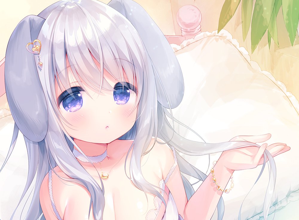 1girl :o animal_ears bangs bare_shoulders blush bracelet breasts bunny_ears cleavage commentary_request eyebrows_visible_through_hair fingernails frilled_pillow frills hair_between_eyes hand_up heart indoors j jewelry long_hair looking_at_viewer medium_breasts original parted_lips pillow purple_eyes silver_hair solo strap_slip upper_body usashiro_mani very_long_hair