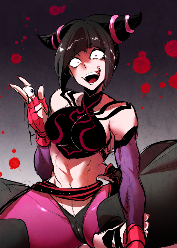 abs alternate_color bad_id bad_pixiv_id baggy_pants bare_shoulders barefoot belt black_hair black_panties breasts constricted_pupils crazy_eyes crazy_smile detached_sleeves drill_hair dudou eyeball fingerless_gloves gloves hair_ornament han_juri indian_style large_breasts leggings marimo_(yousei_ranbu) midriff nail_polish navel open_mouth panties pants purple_legwear sitting solo street_fighter street_fighter_iv_(series) twin_drills underwear