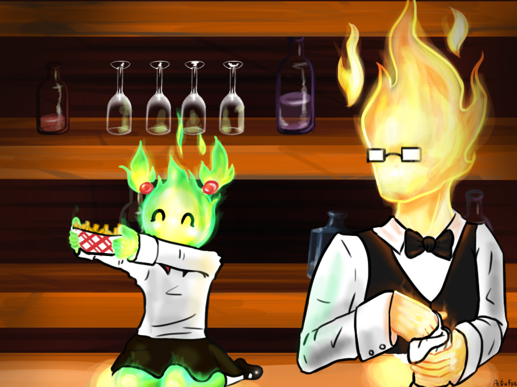 alcohol beverage clothing elemental eyes_closed eyewear female fire_elemental food fries fuku_fire glasses grillby loli male petrafye school_uniform undertale uniform video_games young