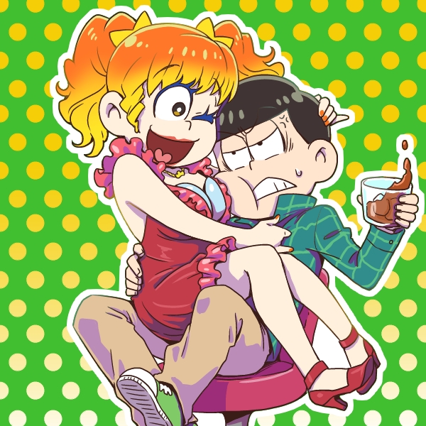 ;d anger_vein angry blonde_hair breast_padding brothers brown_hair crossdressing cup dress drinking_glass fukai_(yas_lions) green_background heart heart_in_mouth high_heels jewelry lipstick makeup male_focus matsuno_choromatsu matsuno_juushimatsu multiple_boys necklace one_eye_closed open_mouth osomatsu-kun osomatsu-san plaid plaid_shirt polka_dot polka_dot_background shirt siblings simple_background sitting sitting_on_person smile stool sweatdrop twintails wig