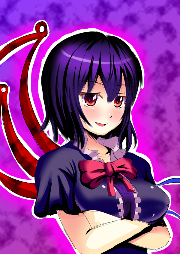 asymmetrical_wings black_dress blush bow bowtie breast_hold breasts commentary_request crossed_arms dress houjuu_nue kondou_ryunosuke medium_breasts parted_lips purple_hair red_bow red_eyes red_neckwear short_hair short_sleeves smile solo touhou upper_body wings