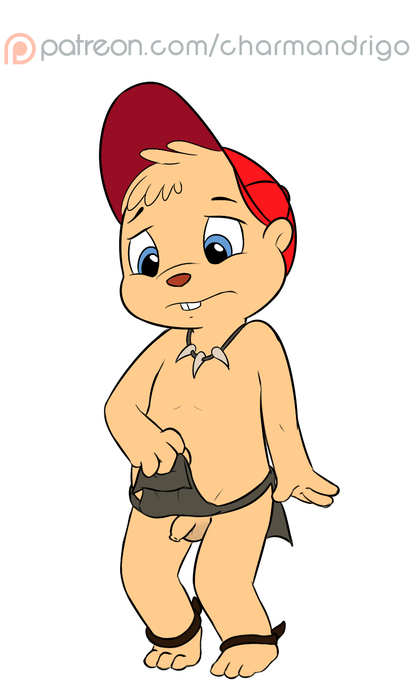 2016 alvin_and_the_chipmunks alvin_seville anthro balls barefoot blue_eyes buckteeth charmandrigo chipmunk clothed clothing cream_fur cub curious flaccid fur hat jewelry loincloth looking_down male mammal necklace nude patreon penis rodent simple_background solo standing teeth topless uncut watermark young