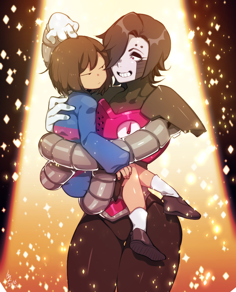 1other androgynous bad_id bad_twitter_id black_hair brown_hair carrying commentary cyborg frisk_(undertale) gloves grin hair_over_one_eye jitome mettaton mettaton_ex norasame_(dagako) pink_eyes smile socks solid_circle_eyes sparkle thick_thighs thighs undertale white_gloves