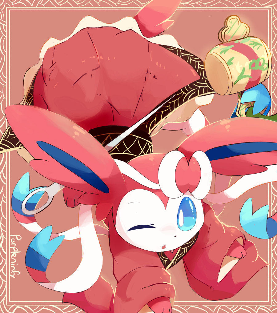 artist_name baggy_clothes blue_eyes blue_sclera border bow commentary cosplay creatures_(company) game_freak gen_6_pokemon japanese_clothes kimono leaning_forward miracle_mallet needle nintendo one_eye_closed patterned_clothing paws pink_background pokemon pokemon_(creature) prehensile_ribbon purpleninfy ribbon simple_background sukuna_shinmyoumaru sukuna_shinmyoumaru_(cosplay) sword sylveon tail touhou weapon