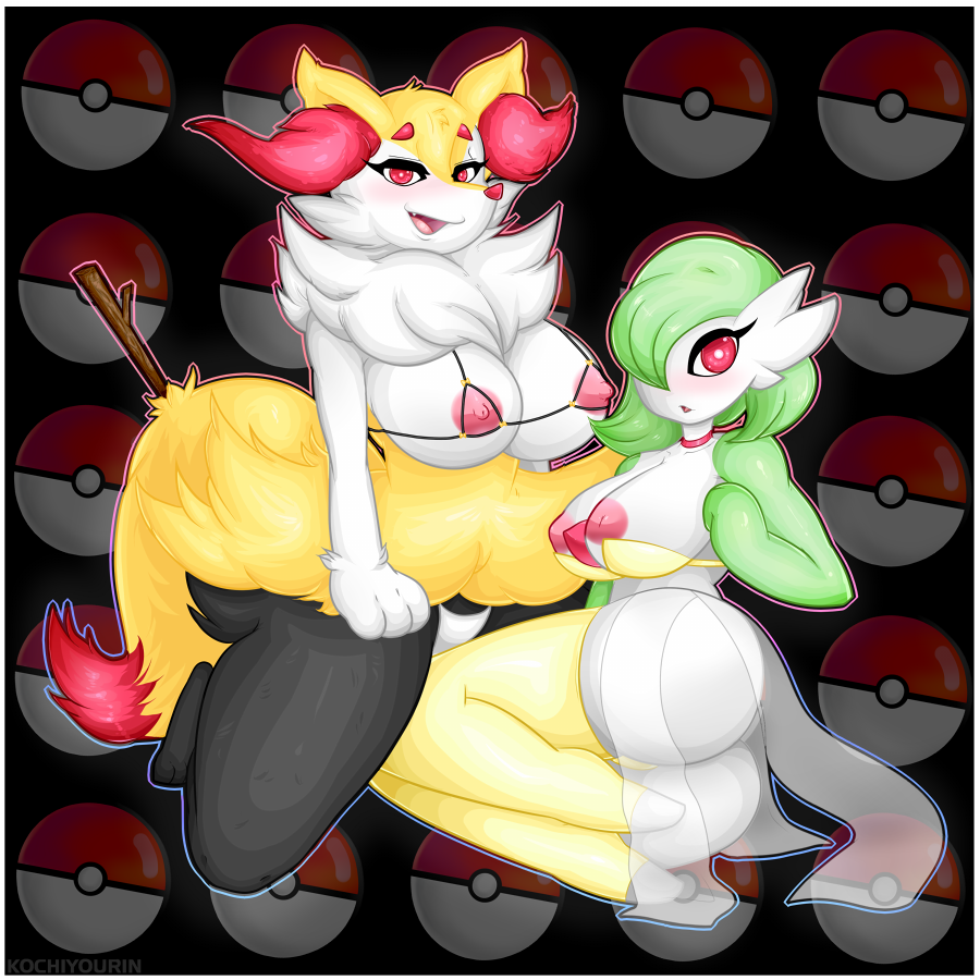 anthro big_breasts braixen breasts butt clothed clothing duo female fur gardevoir green_hair hair kochiyourin nintendo nipples pok&eacute;mon red_eyes skimpy video_games voluptuous white_fur wide_hips yellow_fur
