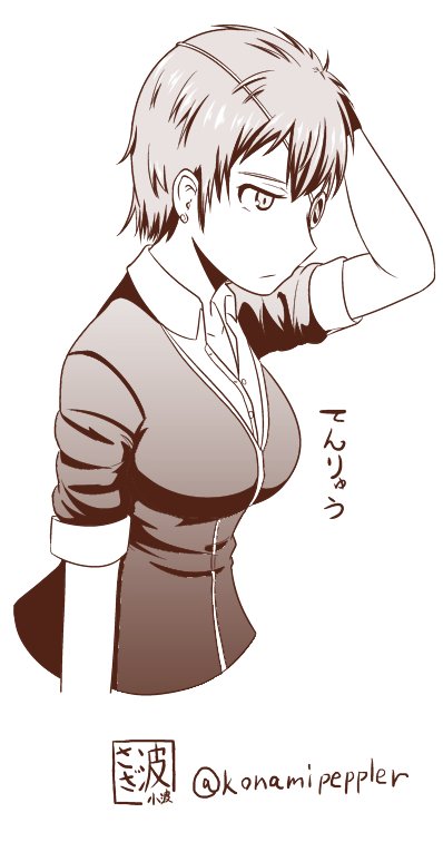 alternate_hair_length alternate_hairstyle breasts commentary earrings eyepatch from_side hand_in_hair jewelry kantai_collection large_breasts monochrome open_collar sazanami_konami shirt short_hair short_sleeves sketch solo sweater tenryuu_(kantai_collection) translated twitter_username upper_body very_short_hair white_background