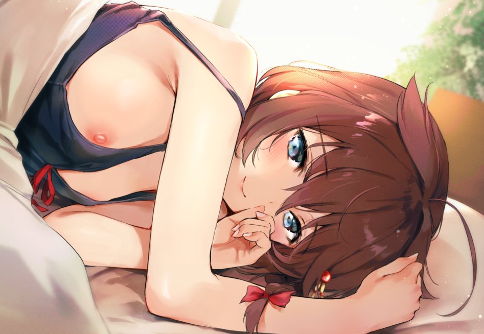 1girl ahoge blue_eyes blue_nightgown blush braid breasts brown_hair day hair_flaps hair_ornament kantai_collection long_hair looking_at_viewer lying medium_breasts nipple_slip nipples off_shoulder on_bed on_side remodel_(kantai_collection) shigure_(kantai_collection) single_braid smile solo umakuchi_shouyu under_covers window